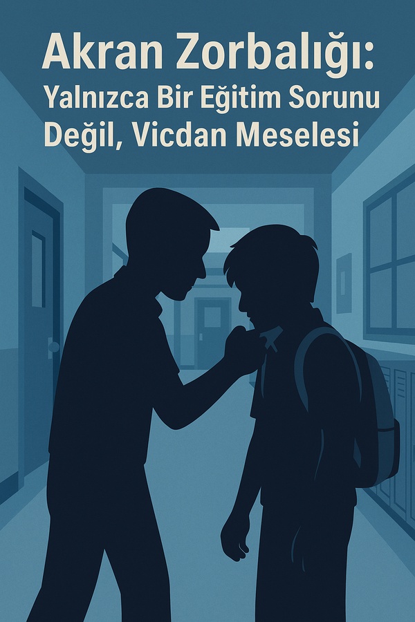 İki öğrencinin yer aldığı okul koridorunda, bir öğrencinin diğerinin yakasını tuttuğu an; akran zorbalığını temsil eden çizim.